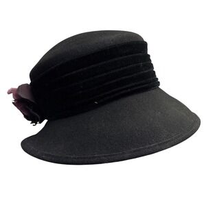 Cappelli Straworld Black Felt Cloche Hat With Velvet Band‎ And Fabric Flower